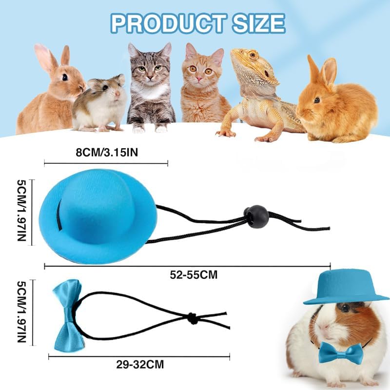 hokable 2pcs Guinea Pig Clothes Small Animal Bow Tie Pet Hat Costume Set Role Play Cute Pet Hat Bow Tie for Hamster Guinea Pig Rabbit Chinchilla Hedgehog（Blue hat + Blue Bow tie） - Image 2